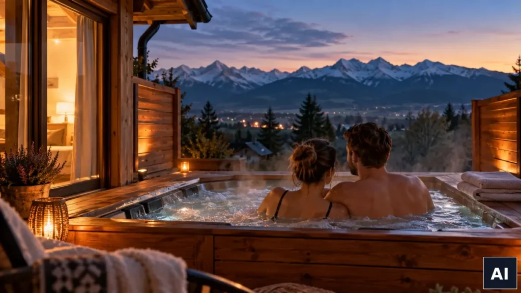 Para w prywatnym jacuzzi na tarasie apartamentu z widokiem na góry